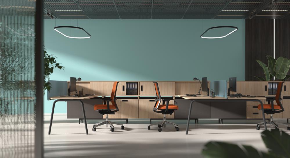 Einzel- oder Doppelarbeitsplatz: Das Tischsystem Round ermöglicht ein flexibles Gliedern von Arbeitsflächen. Abbildung: Narbutas