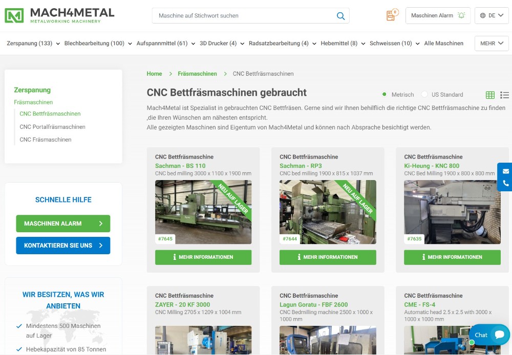 Im Angebot von Mach4Metal finden sich zahlreiche gebrauchte Maschinen zur Metallverarbeitung. Abbildung: Screenshot