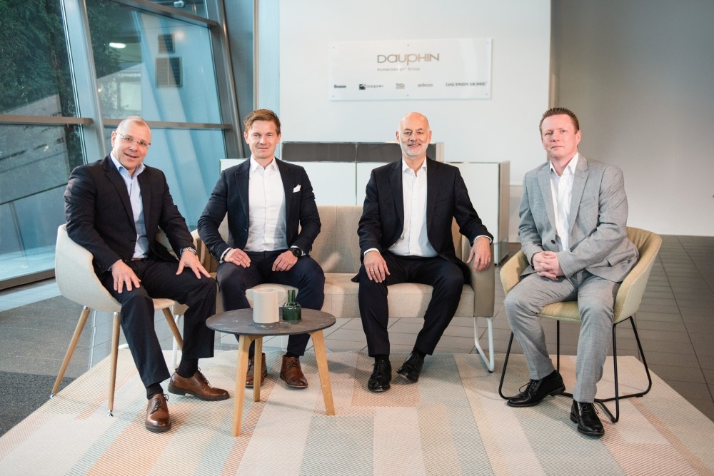 Die neue Führungsebene der Dauphin Office Interior unter CEO Elmar Duffner: Marcel Göttlicher, Andreas Ohr, Elmar Duffner und Jürgen Bailey (v. l. n. r.). Abbildung: Dauphin HumanDesign Group