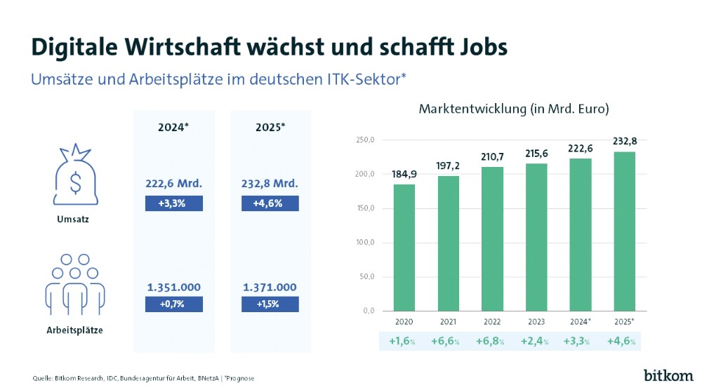 Die deutsche Digitalwirtschaft wird laut Bitkom auch in 2025 wachsen. Abbildung: Bitkom